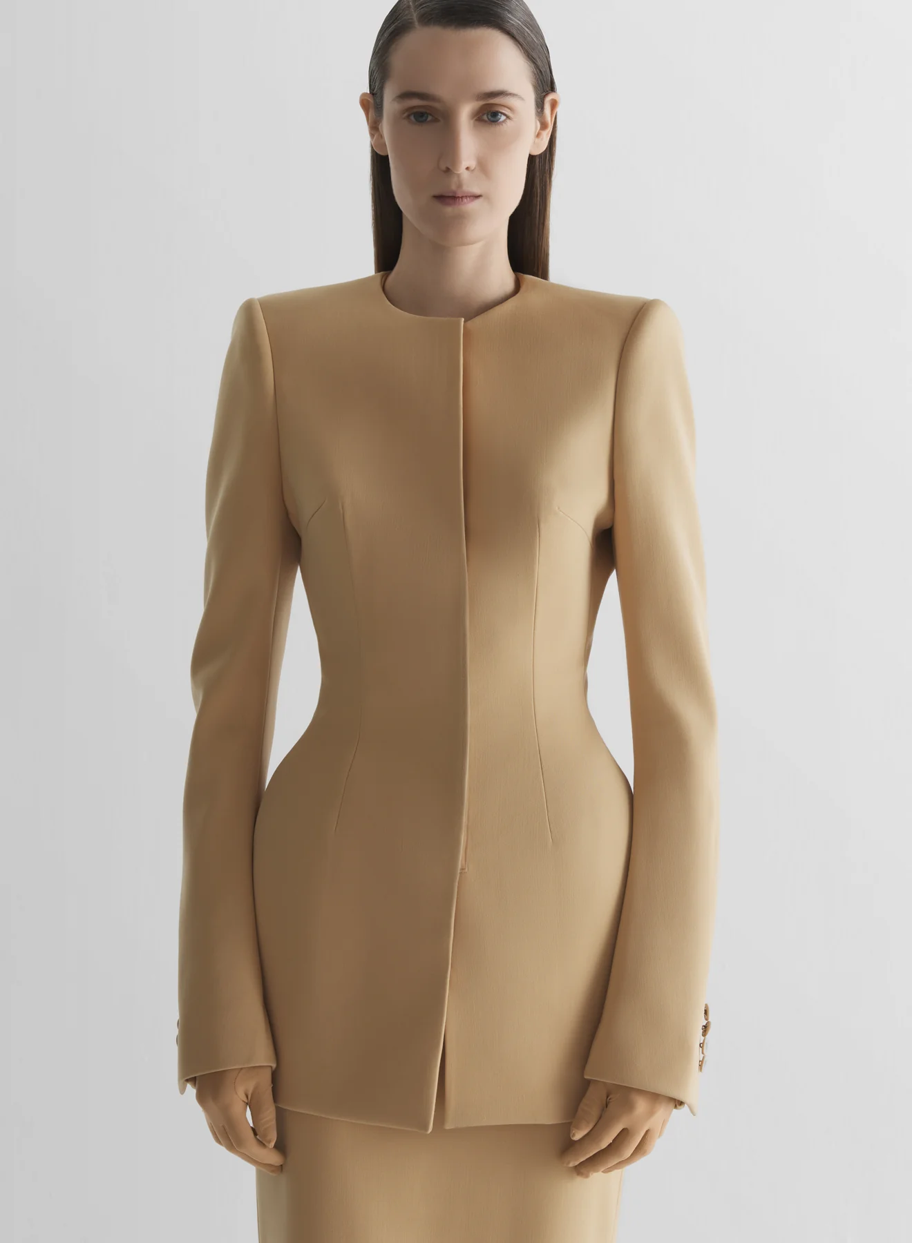 Beige Collarless hourglass jacket - Image 2