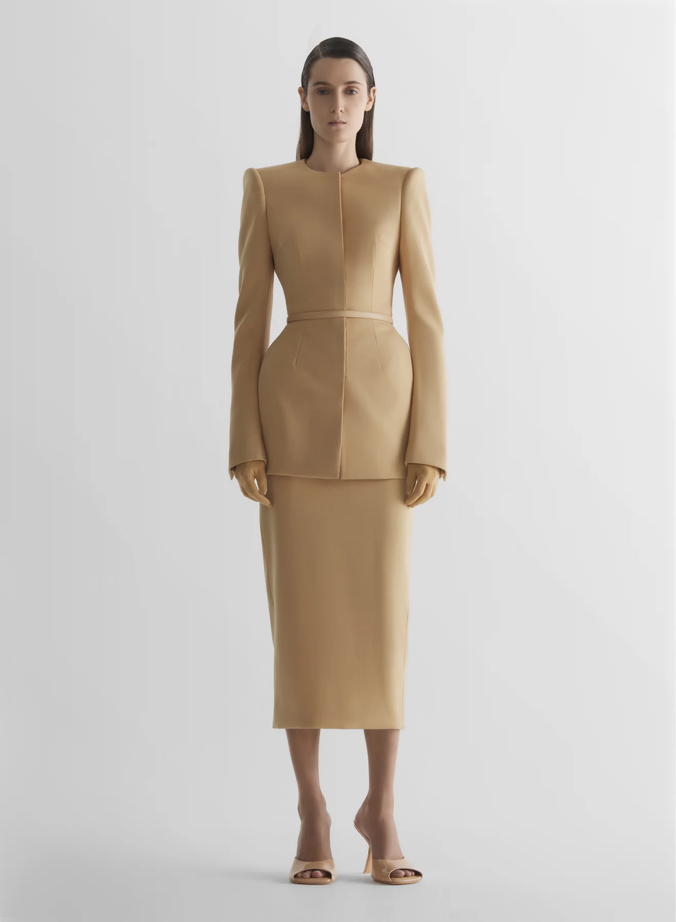 Beige Collarless hourglass jacket