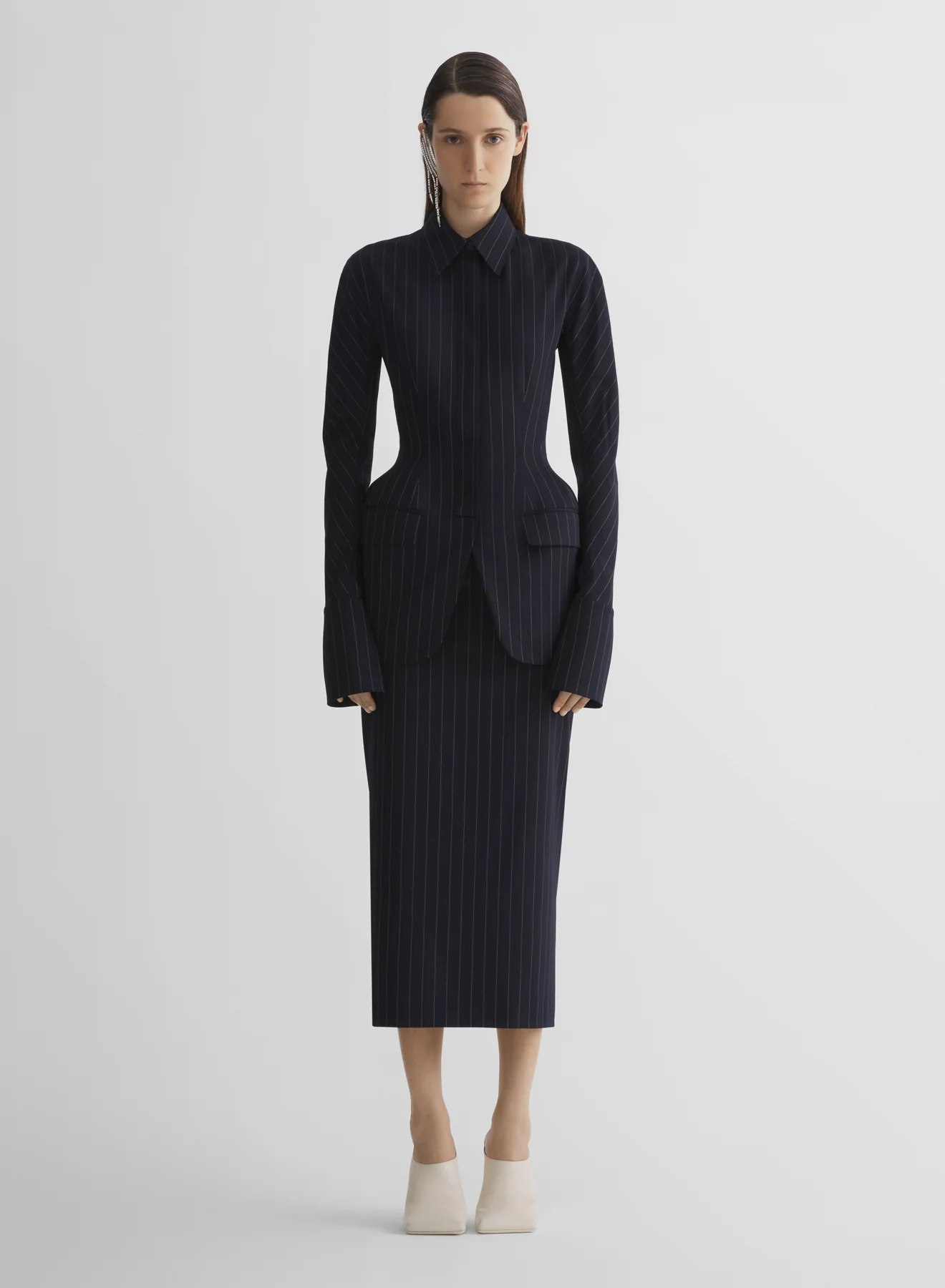 navy pinstripe hourglass shirt jacket - Image 3