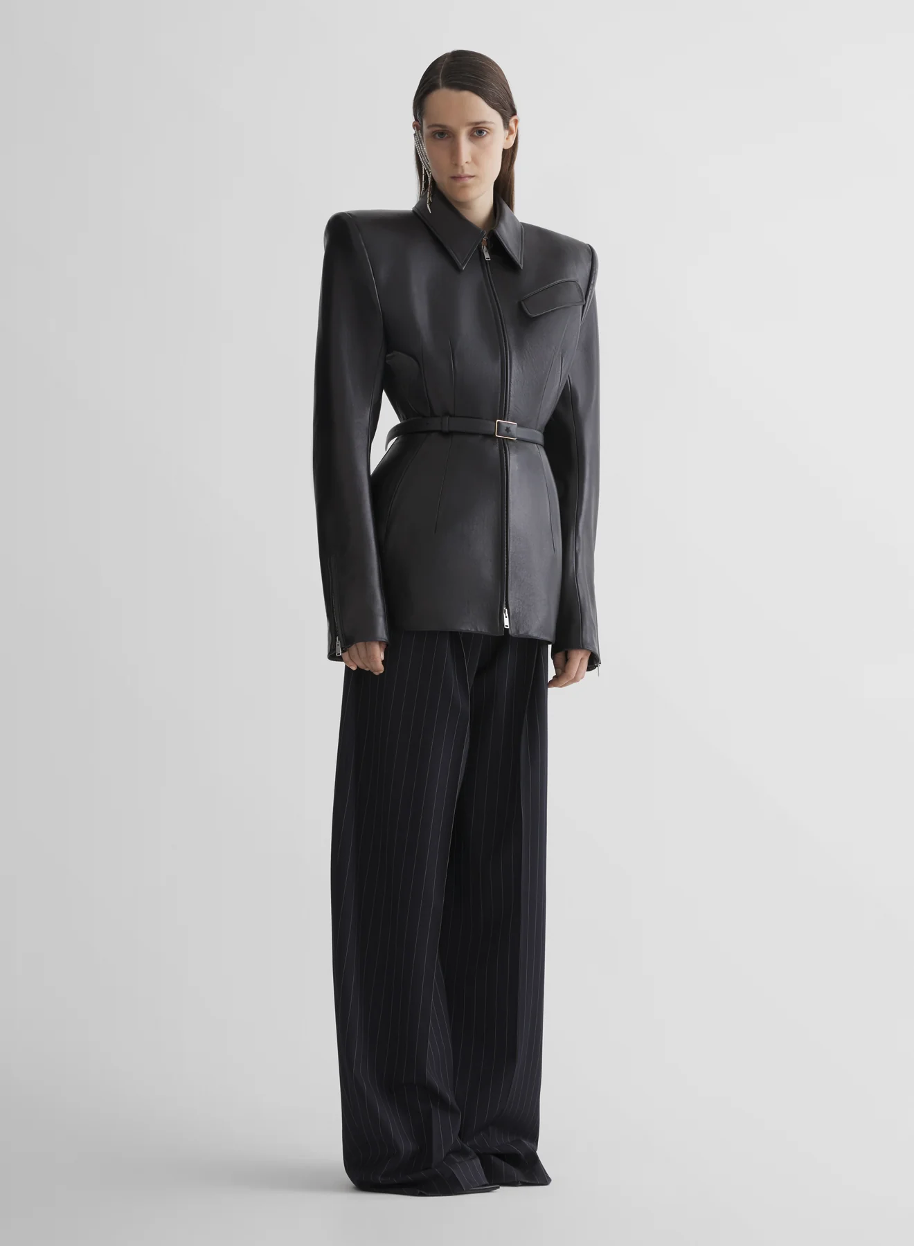 navy pinstripe wide pleated trousers - Image 4