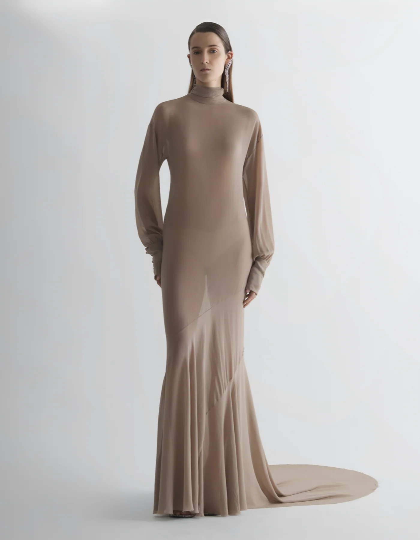Taupe Turtleneck sheer gown